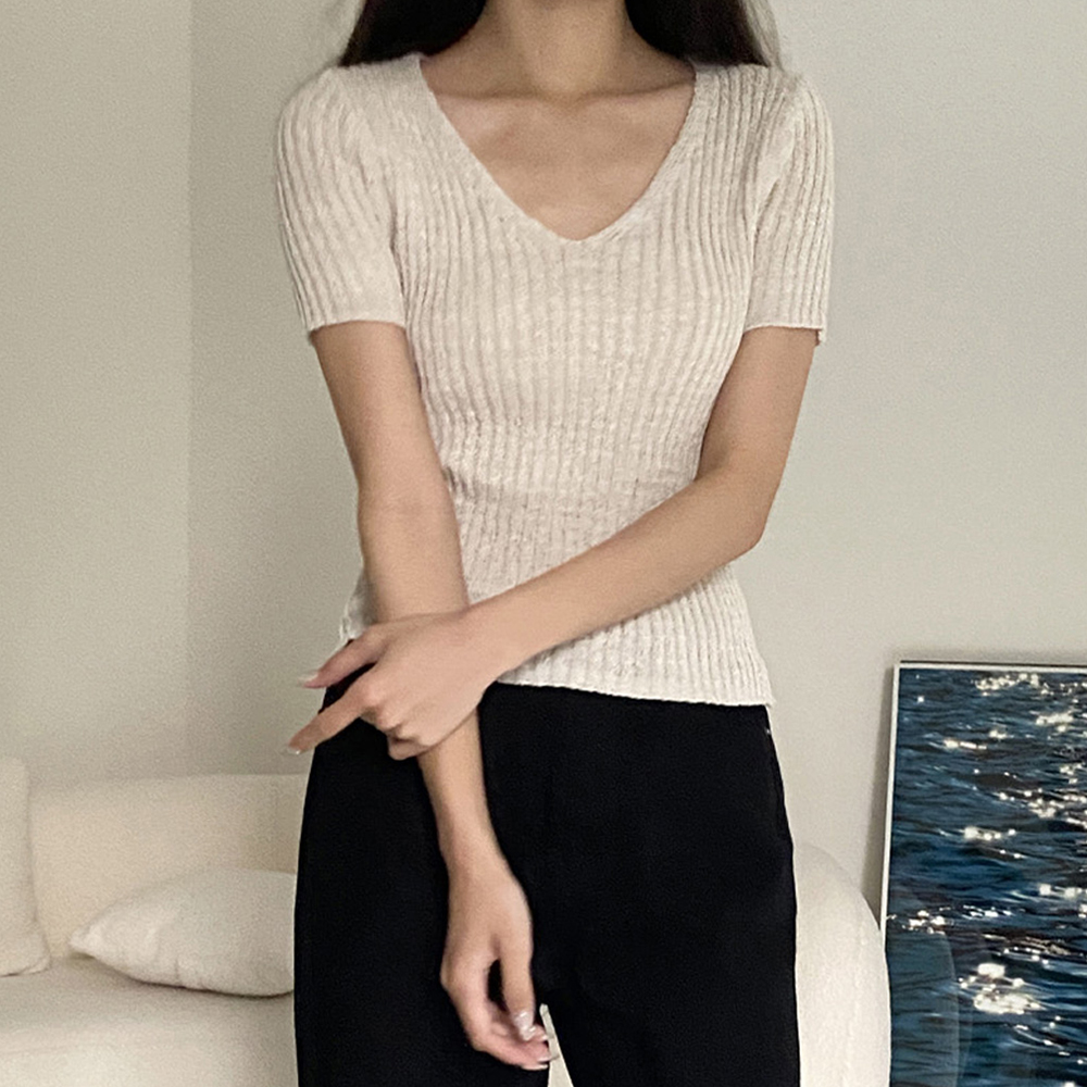 Large size women's fat mm sweater Japanese v-neck pit strip sexy solid color sweater short-sleeved elastic ice silk top for women