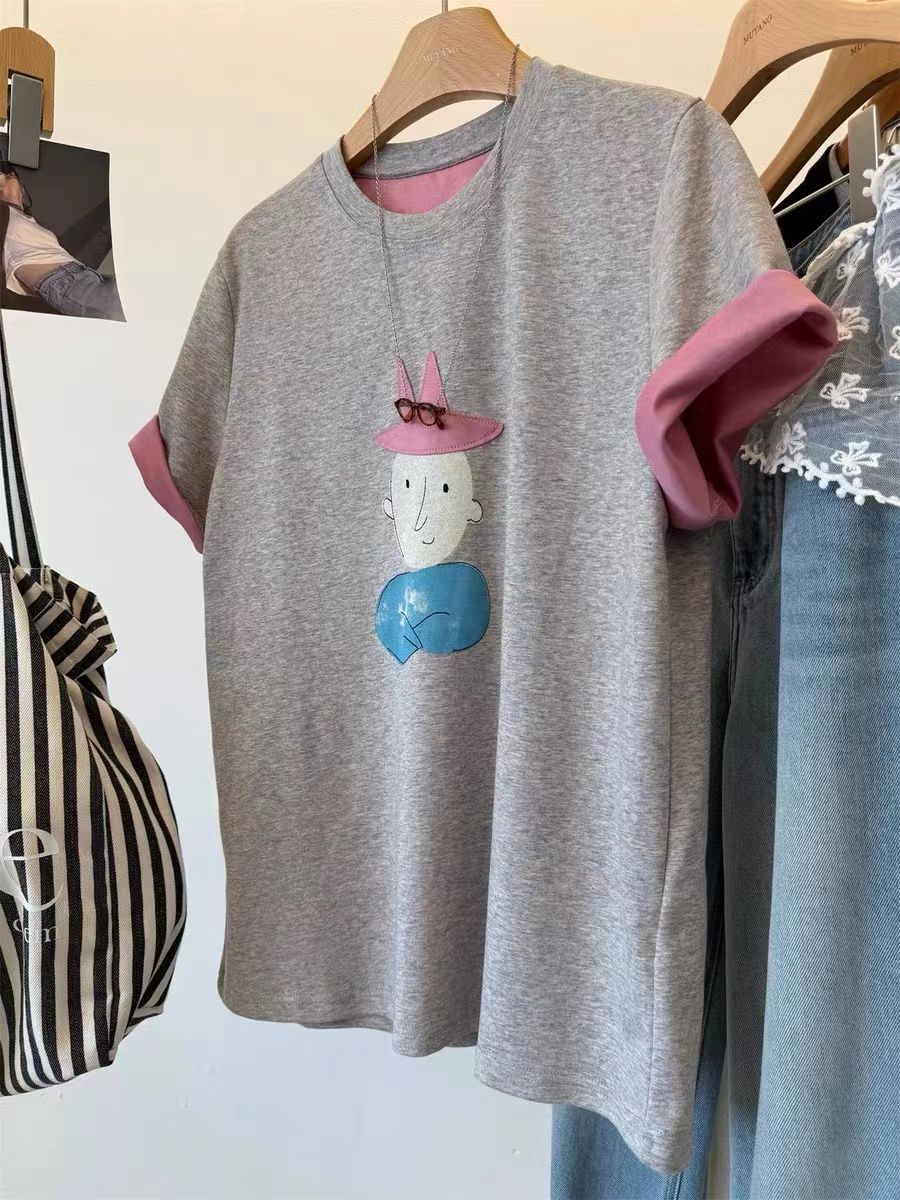 Loose cartoon age-reducing short-sleeved top for women's summer loose half-sleeved T-shirt