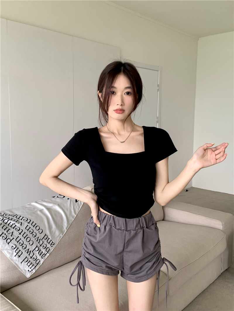 Real shot of new summer slim fit pleated design square collar short T-shirt top for women