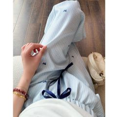 早春韓系淺藍色條紋闊腿褲女2025新款小個子直筒休閒褲設計感長褲