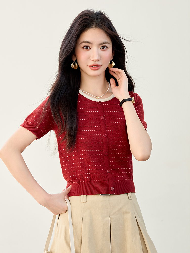 Real shot of French Xiaoxiang Fengbo Point Short Sleeve Knitted Jacket for Women 2025 Summer New Color Block Cardigan for Women