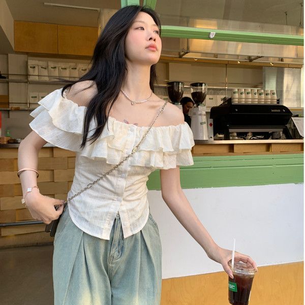 杏色法式一字領荷葉邊短袖襯衫女夏季新款甜美風修身短款上衣