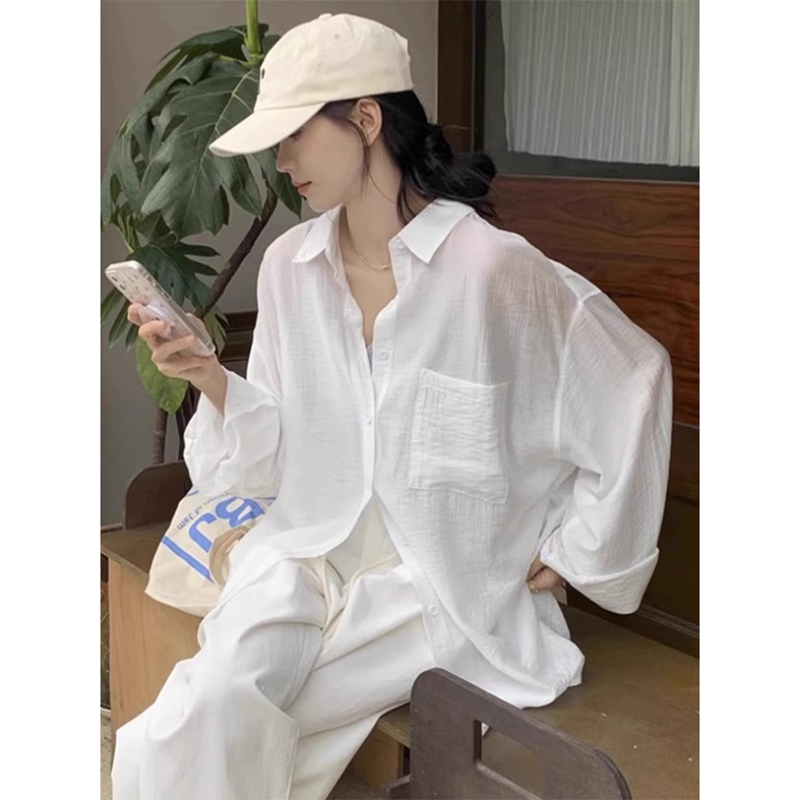 Loose and lazy style white thin shirt top coat women's summer new mid-length sunscreen cardigan shirt