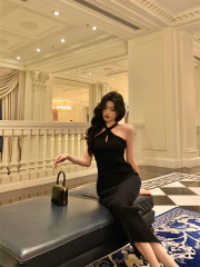 Real shot of 25 years new style light mature style hollow neck dress for women slim hip-packing skirt sexy knitted skirt