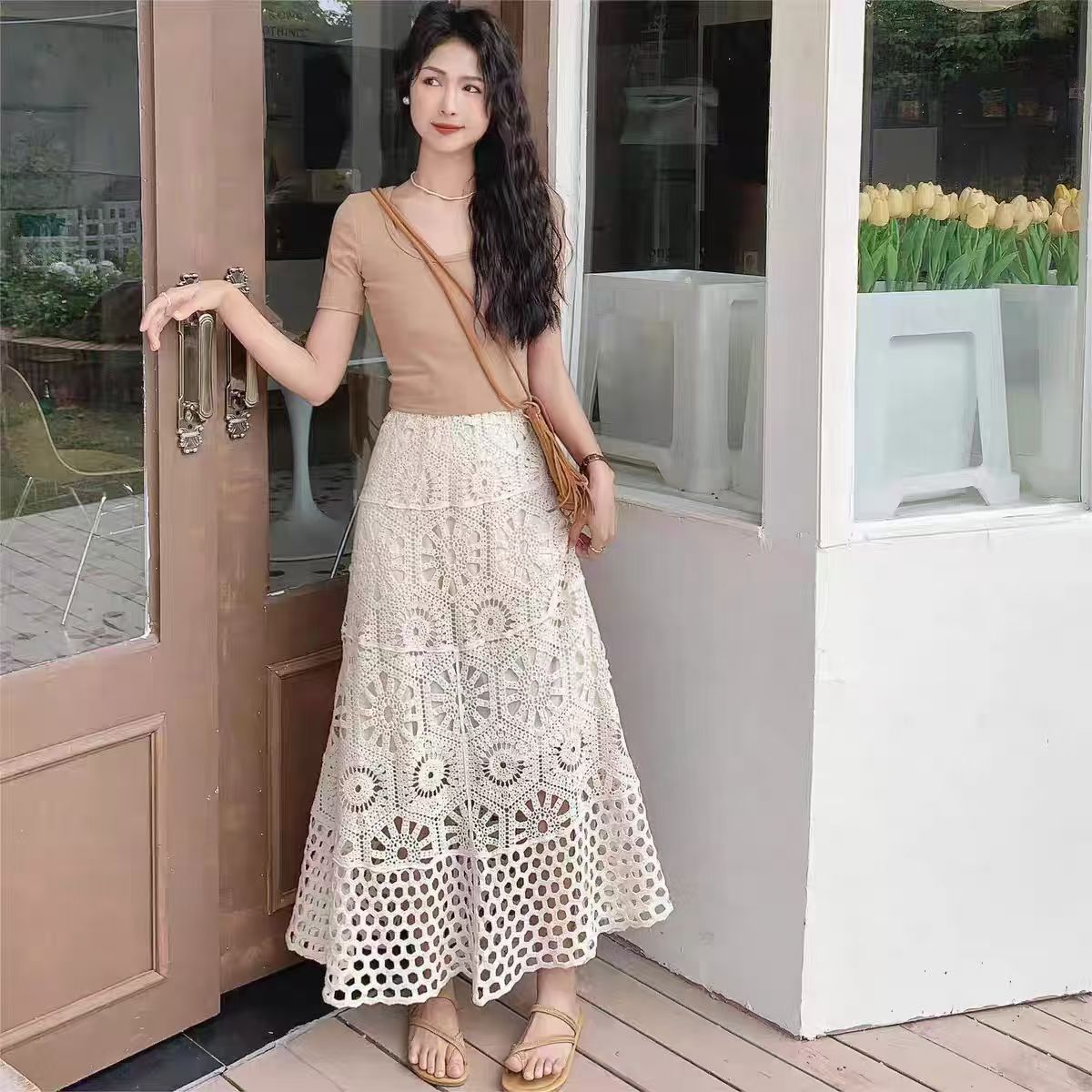 Ethnic style hollow hooked knitted skirt Bohemian vacation style drooping A-line skirt beach long skirt