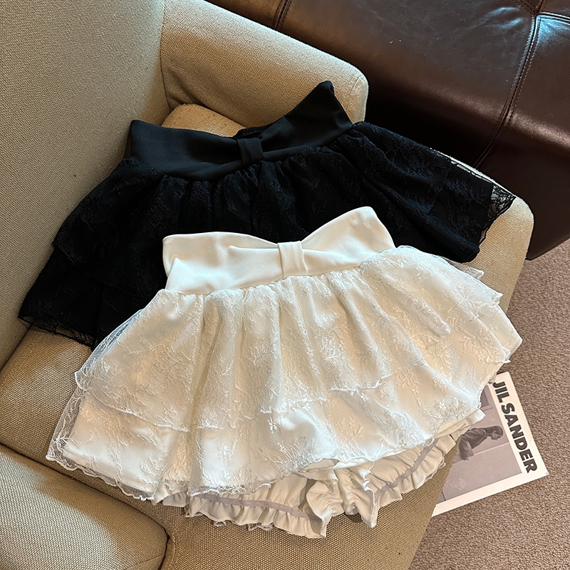 White lace skirt for women in summer high waist slim A-line skirt cake puffy short skirt ballet style pleated skirt