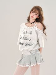 Korean black and white printed sunscreen blouse T-shirt for women design sense hollow off-shoulder hot girl long-sleeved top