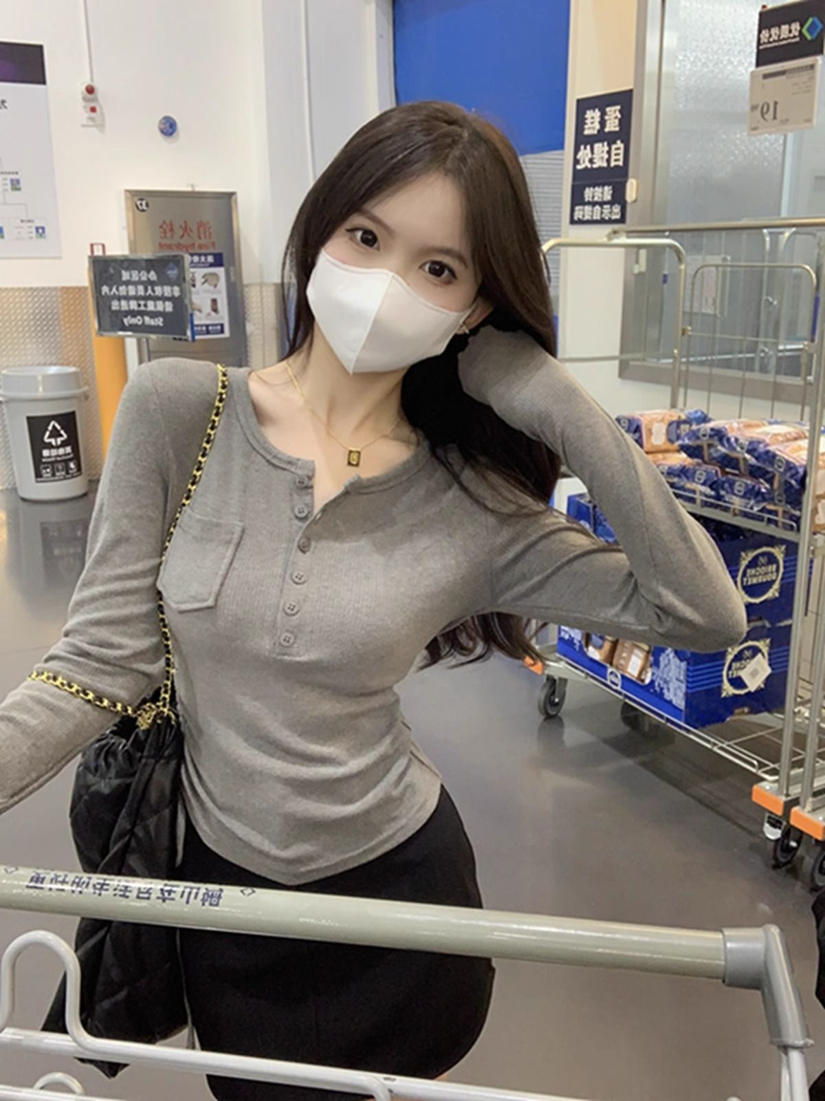 韓版純欲修身T恤女秋季抽繩紐扣設計感內搭修身顯瘦長袖
