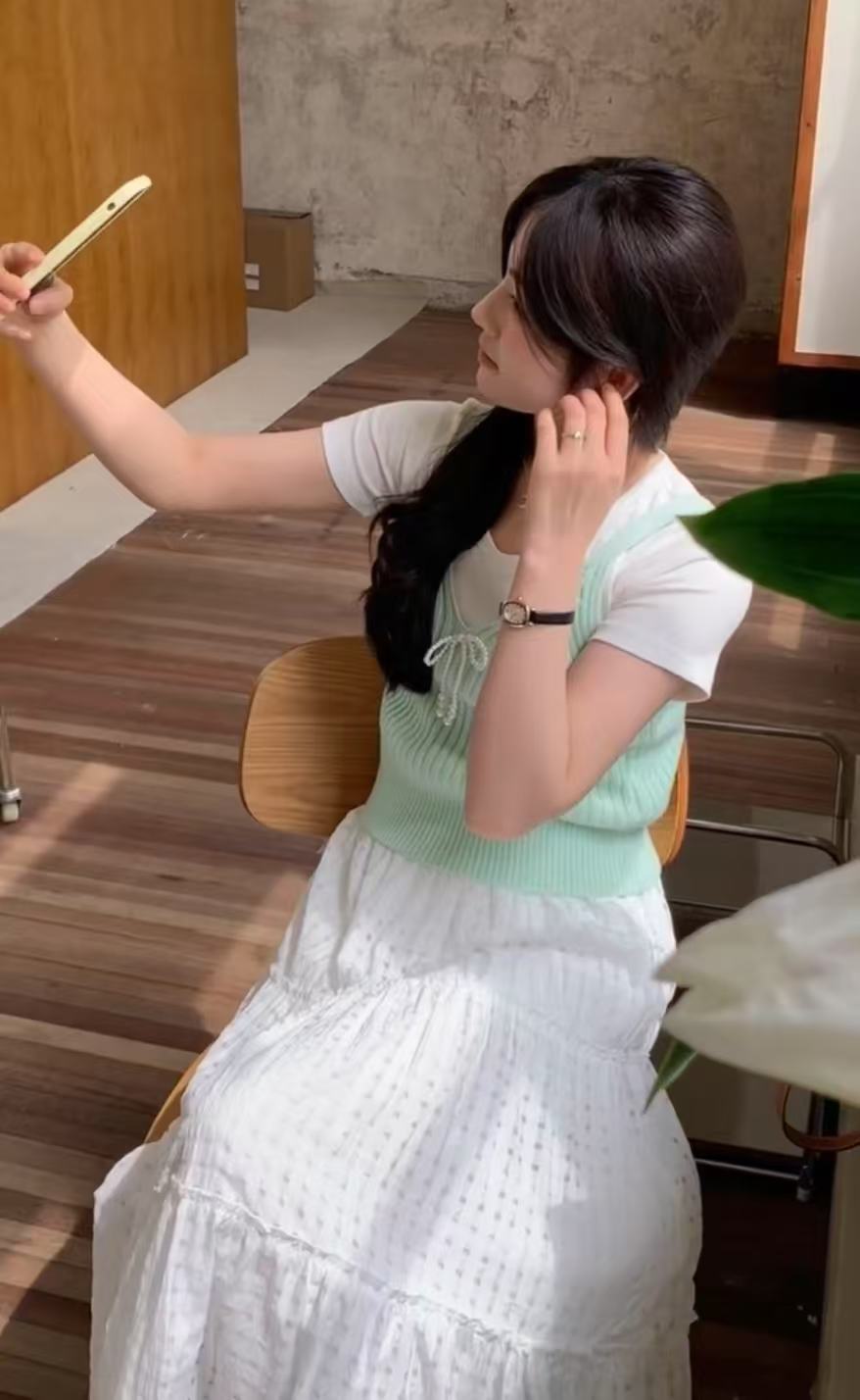 原版面料 韓系時尚復古木耳邊拼接格子大擺裙女鬆緊腰中長款半裙