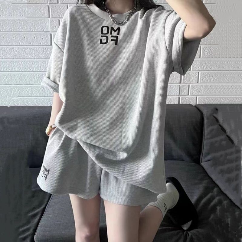 American retro sportswear suit women's summer loose shorts shorts fashionable casual waffle two-piece set