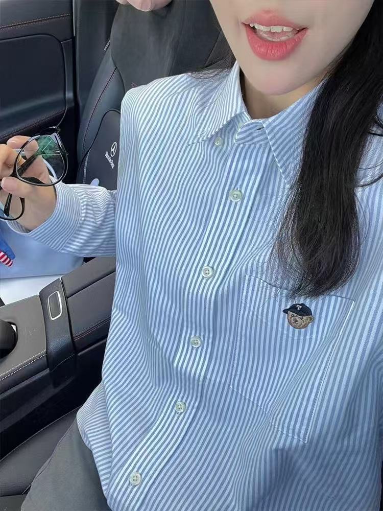韓系甜美減齡條紋襯衫上衣女春季小個子百搭休閒刺繡時髦寬鬆襯衣
