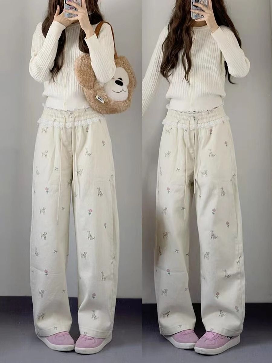 South Korea's foreign trade 2025 new lace spliced ​​puppy printed straight-chip casual pants wide-leg pants