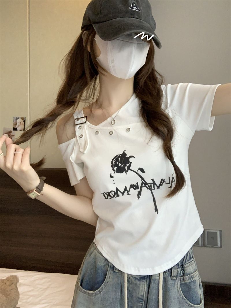 Irregular off-shoulder printed short-sleeved T-shirt hot girl design slim top trendy