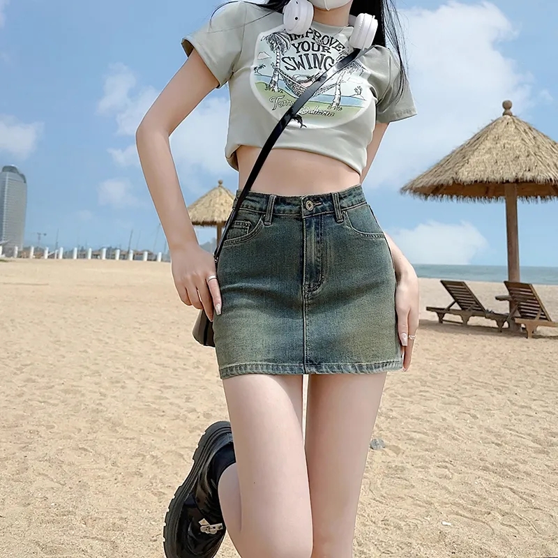 Korean retro hot girl denim skirt for women in summer slim A-line anti-exposure thin hip-packing internet celebrity skirt pants