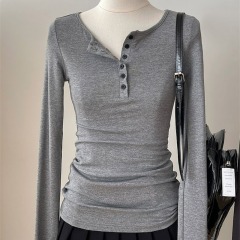 莫代爾人棉 半開領修身顯瘦長袖T恤女早秋排扣設計正肩上衣