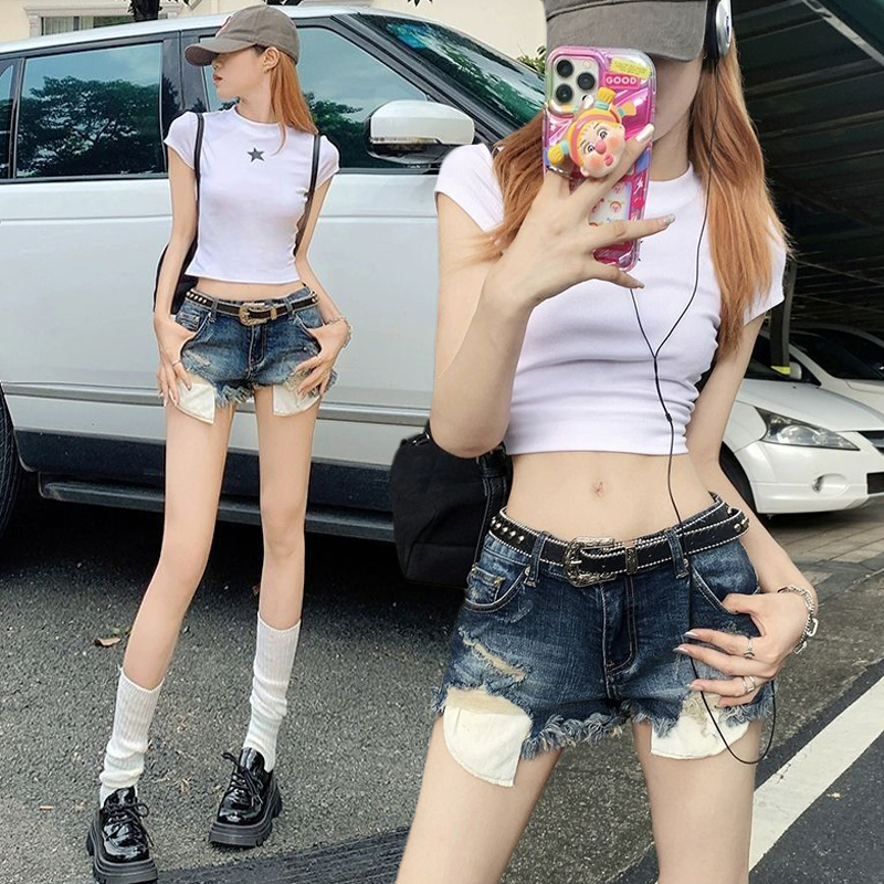 White super high waist denim shorts for women in summer, slimming belly-covering American hottie casual pants trendy ins