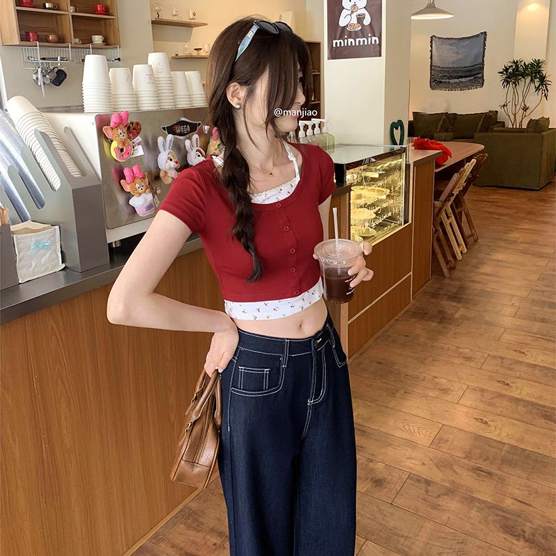 Retro temperament sweet and spicy fake two-piece floral short-sleeved T-shirt for women's summer 2025 new slim short top