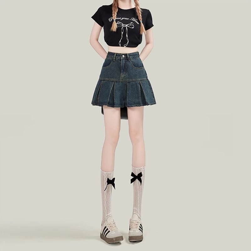 American retro hot girl style denim skirt for women in summer new anti-exposure high waist covering hips to make them look slim A-line short skirt