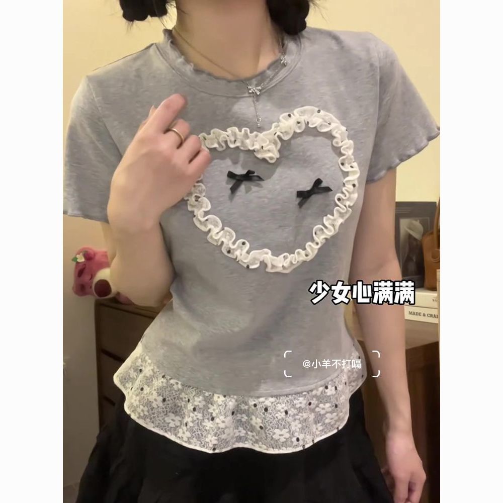 Pure cotton 210g spliced ​​lace sweet ears short-sleeved T-shirt for women's summer short top