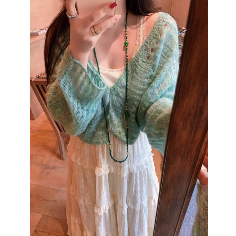 Korean style dressing early spring tops, small fragrance style hollow thin sweater cardigan jacket for women, small knitted sweater