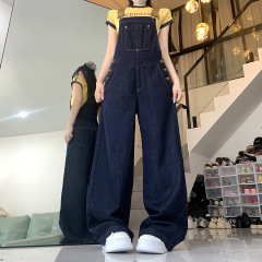 實拍美式復古深藍色背帶褲女春夏設計感寬鬆休閒闊腿連體牛仔褲潮