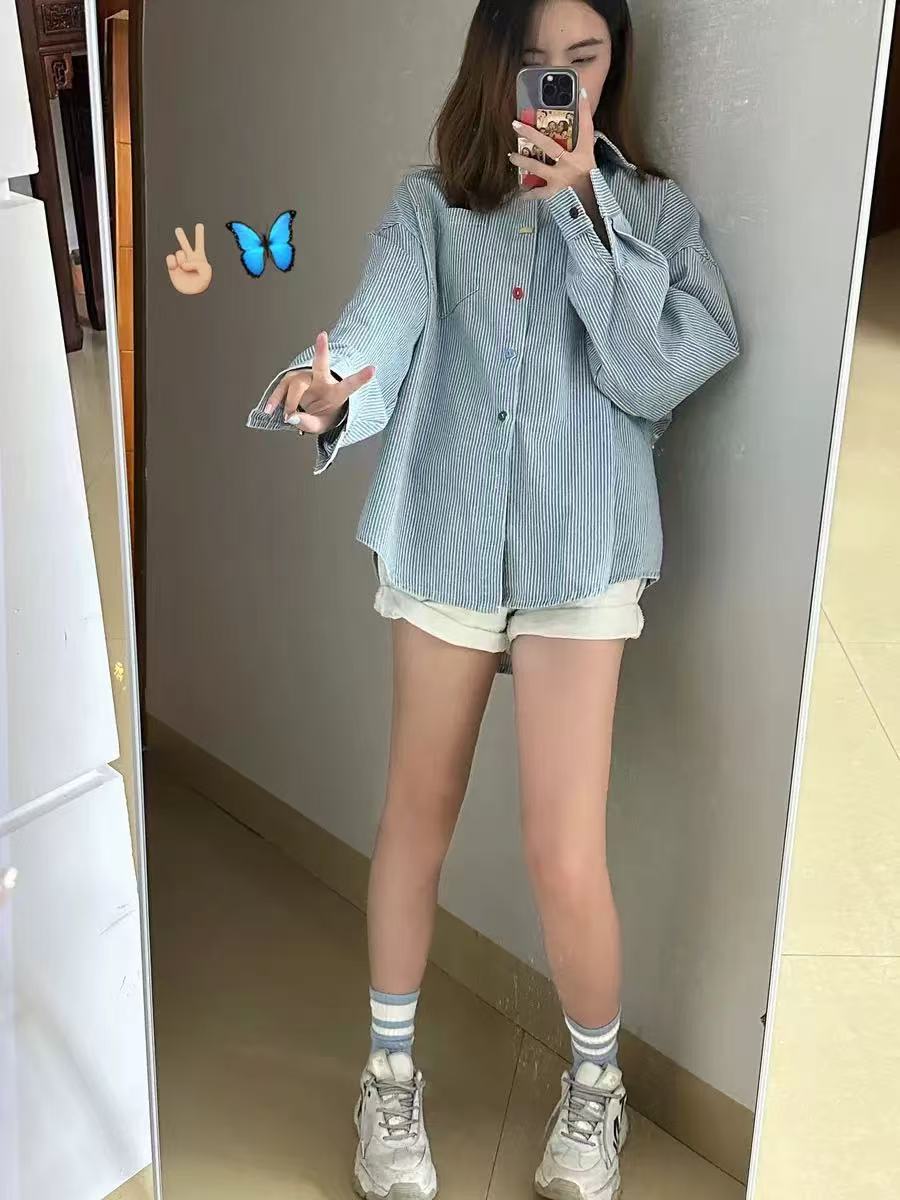 韓系彩色紐扣條紋襯衫女春秋設計感洋氣小眾開春長袖襯衣外套