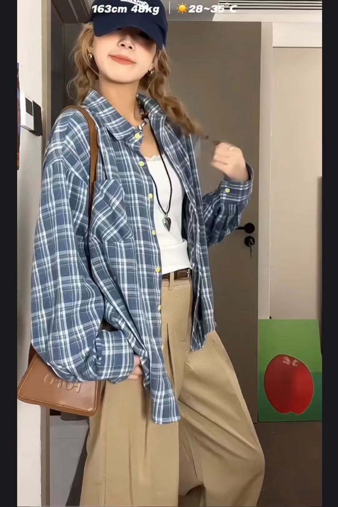 美式街頭秋冬季休閒寬鬆設計感小眾藍色格紋長袖襯衫防曬上衣外穿