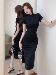 黑色旗袍2025年新款女夏季復古中國風女裝中長款年輕款改良連衣裙