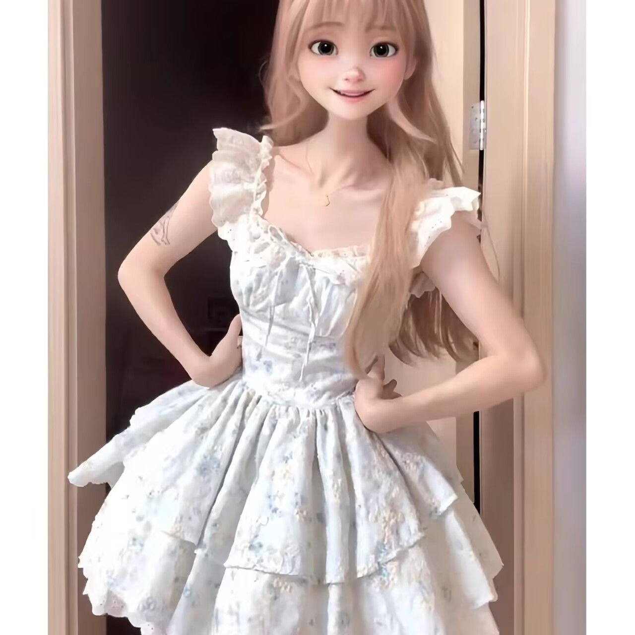 櫻織花翎碎花連衣裙女夏季法式甜美可愛小飛裙花邊蛋糕蓬蓬短裙子
