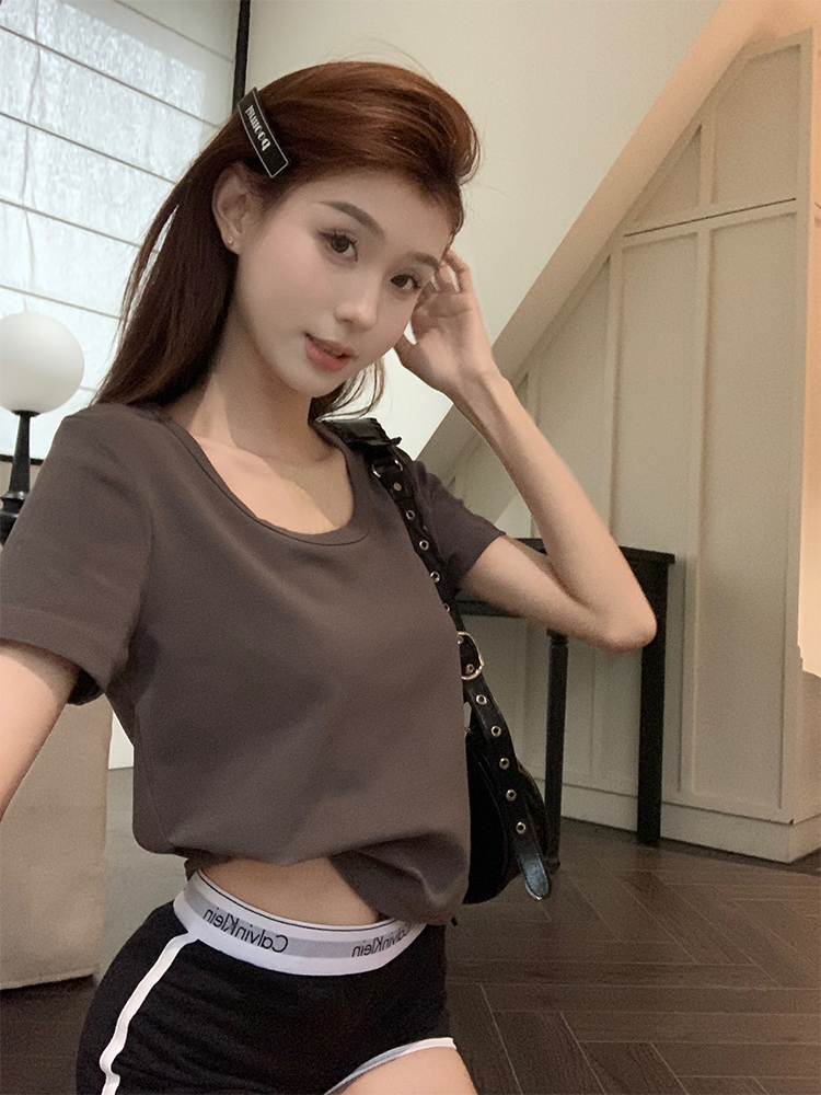 Real photo Korean chic summer everybody is wearing a simple U-neck versatile multi-color solid color T-shirt top