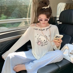 Cute cat off-shoulder long-sleeved spring and summer loose cartoon printed T-shirt blouse off-shoulder design top