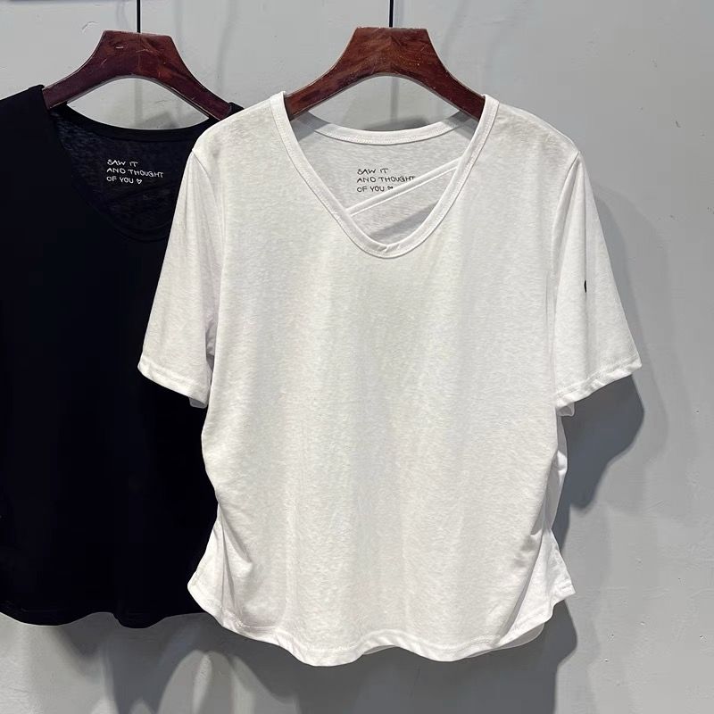 2025 summer new U-neck slash double side pleated loose short-sleeved T-shirt top for women