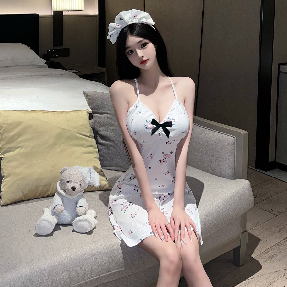 Real photo of fresh floral girl suspender skirt playful bow dress COS maid outfit hip skirt