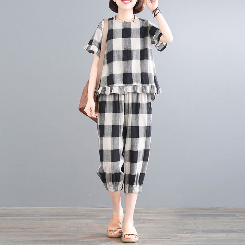 2025 Fat mm Large Size Casual Suit Women's New Summer Plaid Literary Loose Fashion Two-Piece Set