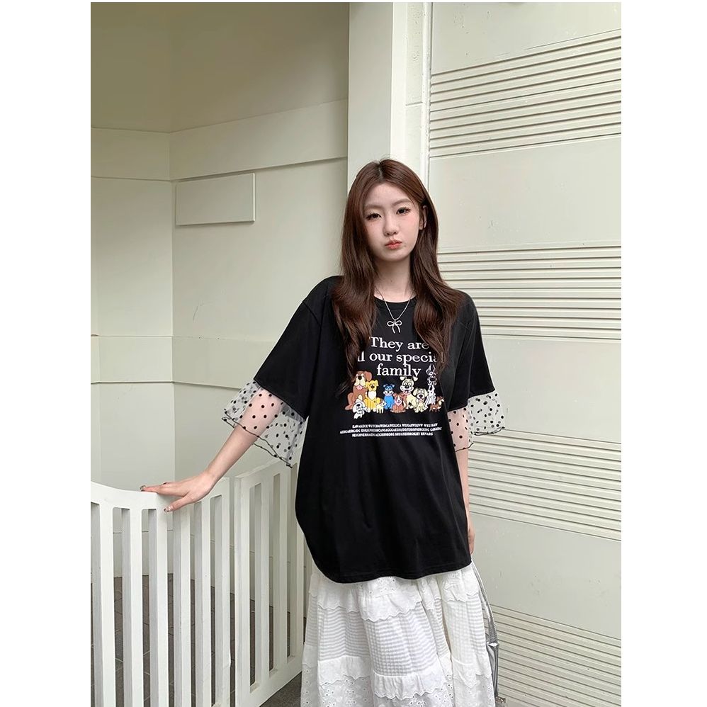 Korean version 2025 new summer new cartoon dog mesh polka dot sleeve loose short-sleeved T-shirt