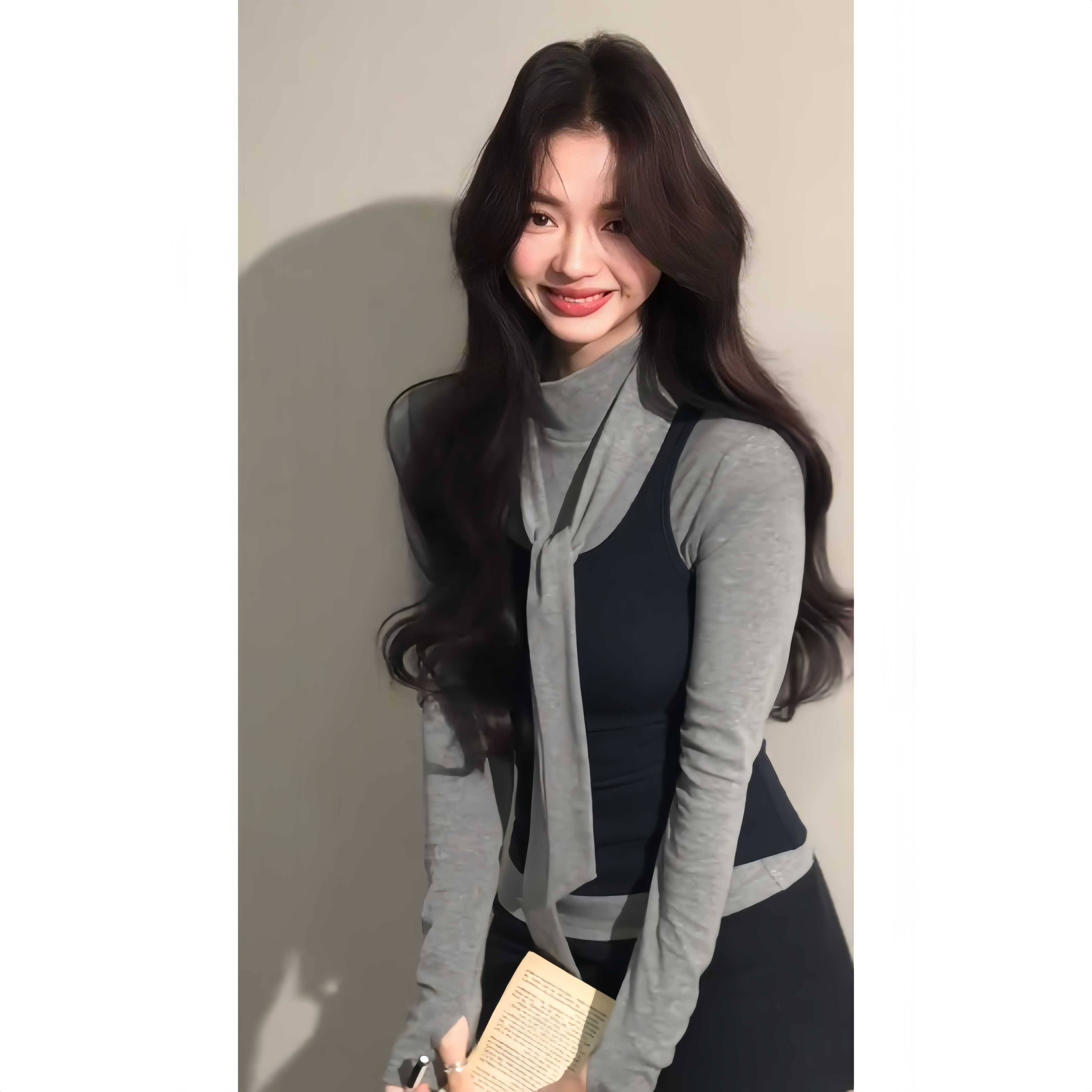 莫代爾人棉兩件套高領針織飄帶打底衫女背心疊穿兩件套上衣
