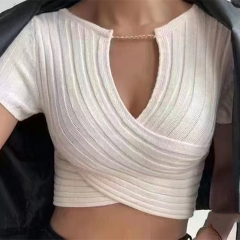 European and American sexy chain deep V-neck cross navel short sleeve ice silk new knit top for women
