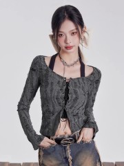 American retro fake two-piece halter neck strap slim long-sleeved T-shirt for women in spring and summer base shirt hot girl top