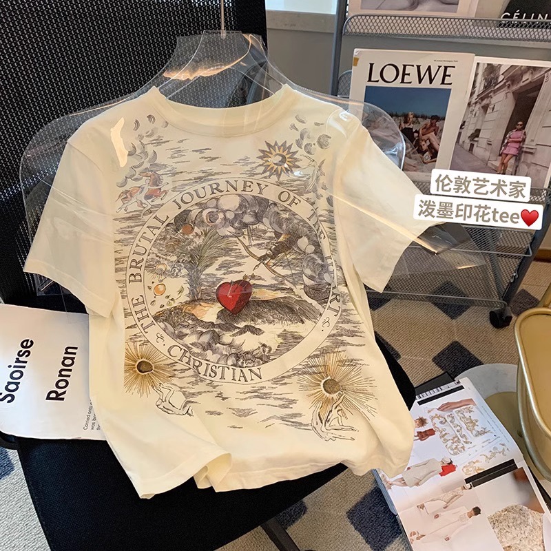 Official photo 21 pure cotton high-tight 2025 summer front and back printed short-sleeved T-shirt for women loose
