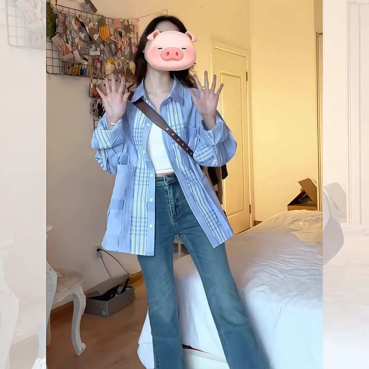 藍色條紋格子長袖襯衫女高級感輕奢減齡洋氣開春小眾韓系穿搭上衣