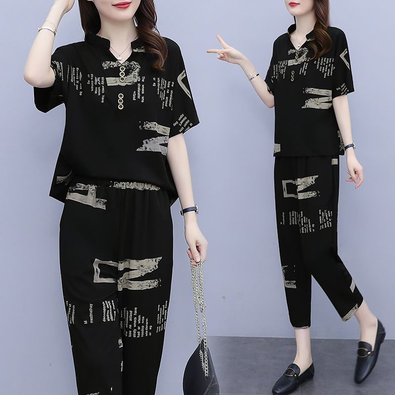 2025 new fat mm large size suit for women in summer casual and fashionable loose short-sleeved wide-leg pants two-piece set