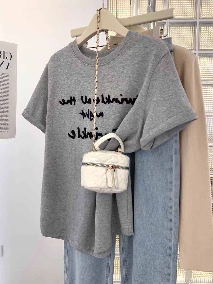 200g combed and tight spun in 2025, pure cotton back bag strip, spring and summer loose shoulder printed short-sleeved T-shirt