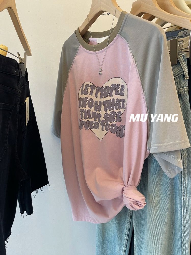 ~Large size women's pure cotton love English rag-shoulder short-sleeved T-shirt for women's summer Korean style loose pullover round neck top