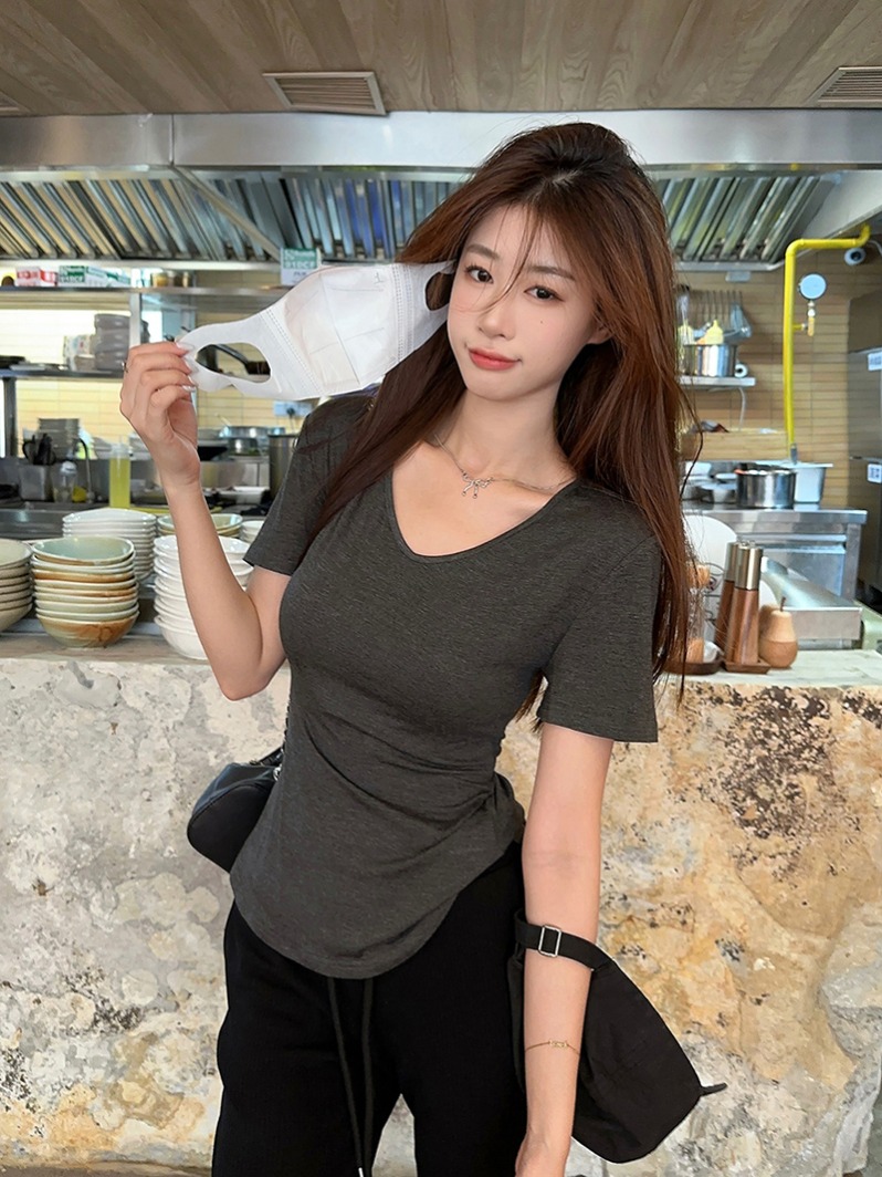 Cotton hot girl V-neck short-sleeved T-shirt solid color slimming waist and shoulder top