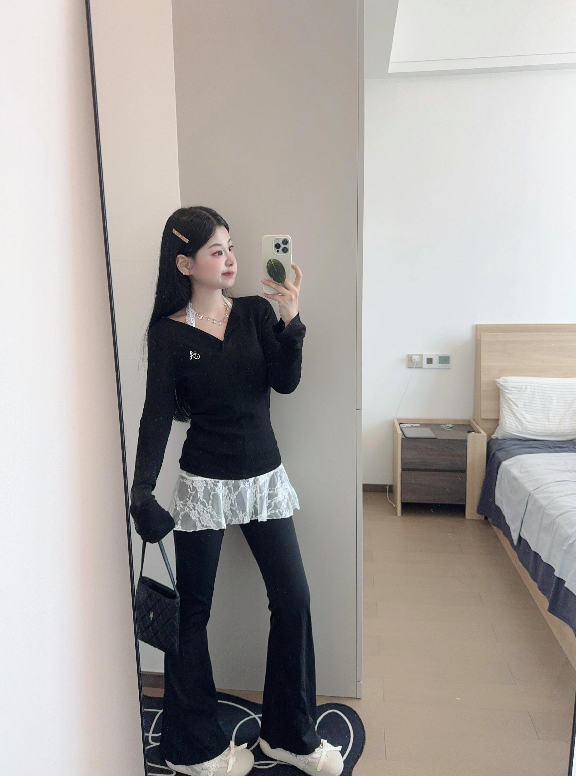 莫代爾人棉黑色長袖針織衫女內搭蕾絲背心早秋新款