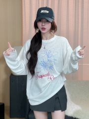 亞麻棉慵懶風長袖圓領印花T恤女夏季寬鬆防曬罩衫薄款上衣