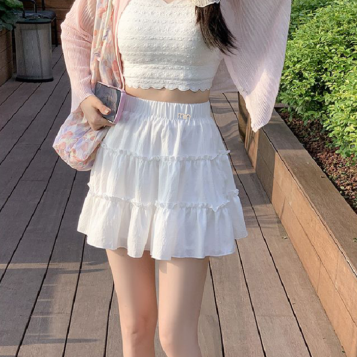 法式甜美拼接三層定位短裙女夏季蛋糕裙時尚高腰遮肉顯瘦半身短裙