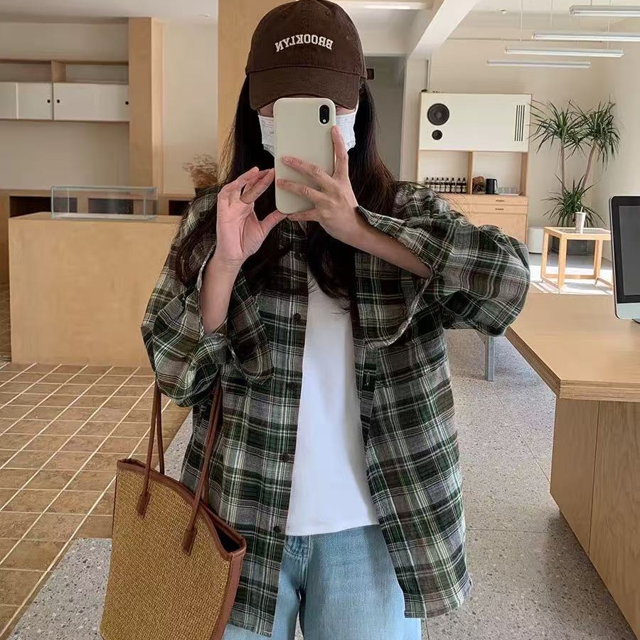春季新款韓系慵懶風綠色格子襯衣女百搭休閒襯衫寬鬆顯瘦長袖上衣