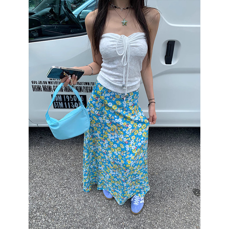 原版面料軟糯加長a型半身裙夏綁帶碎花度假風高腰傘裙高個子