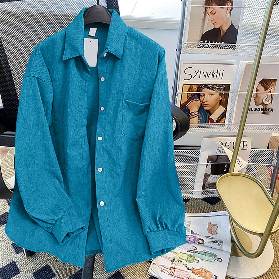 Real photo of peacock blue retro shirt for women in spring and autumn mid-length design niche top long sleeve corduroy shirt